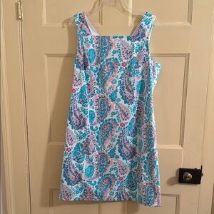 Talbots Blue and Pink Square Neck Sleeveless Mini Dress